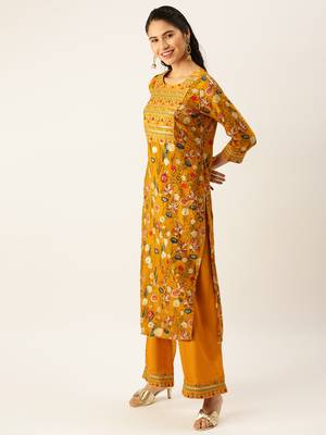 women's round neck solid mustard straight kurta and palazzos 3