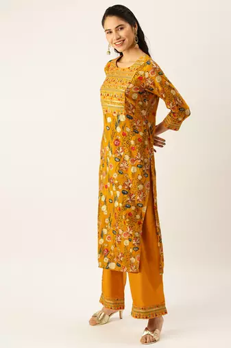 women's round neck solid mustard straight kurta and palazzos