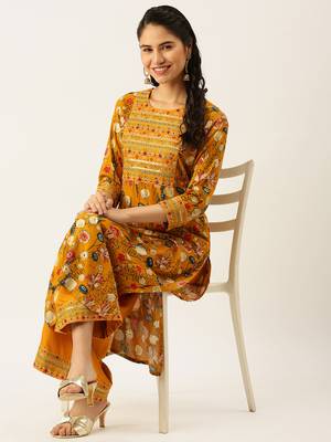 women's round neck solid mustard straight kurta and palazzos 4