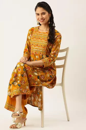 women's round neck solid mustard straight kurta and palazzos