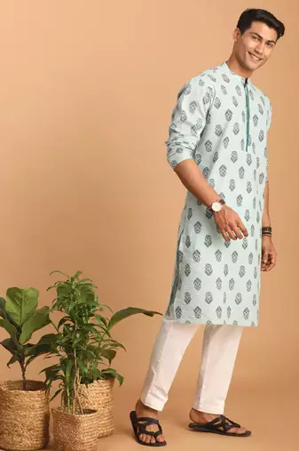 Aqua And White Cotton Kurta And Pyjama Set