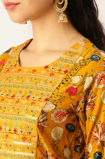 women's round neck solid mustard straight kurta and palazzos