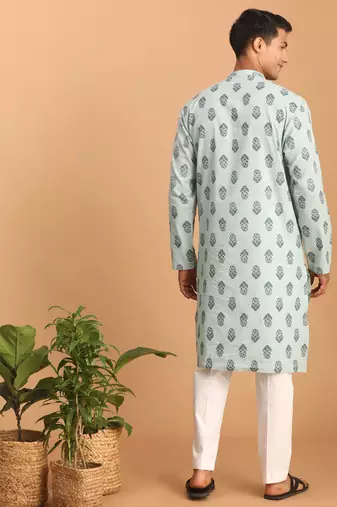 Aqua And White Cotton Kurta And Pyjama Set