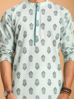 Aqua And White Cotton Kurta And Pyjama Set 4