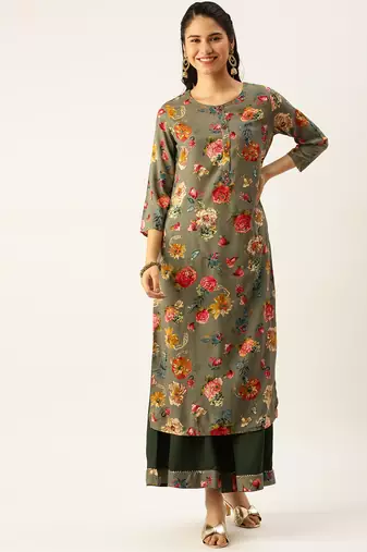 women's round neck solid olive straight kurta and palazzos