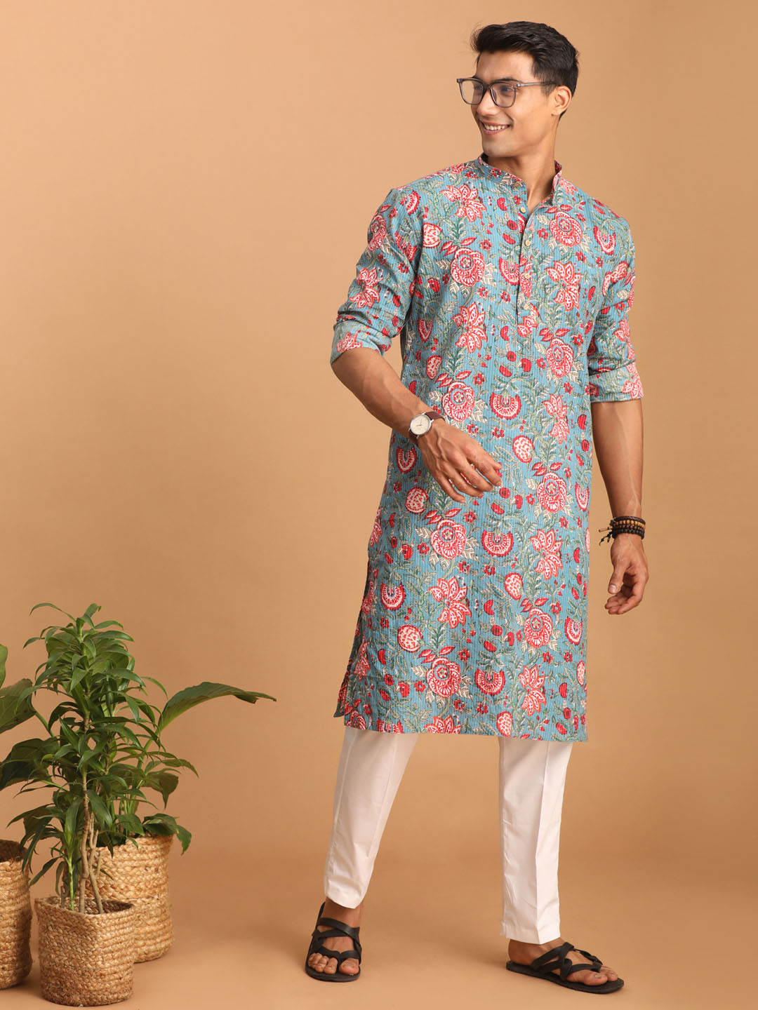 Aqua Floral Print Cotton Kurta And Pajama Set