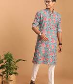 men's aqua floral print cotton kurta and pyjama set