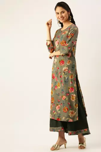 women's round neck solid olive straight kurta and palazzos