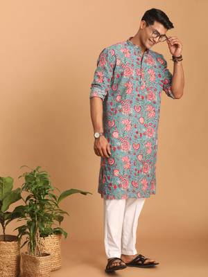 aqua floral print cotton kurta and pyjama set 2