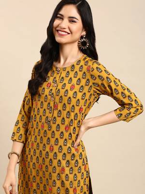 women's round neck ethnic motifs mustard straight kurta and palazzos with dupatta 1