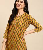 women's round neck ethnic motifs mustard straight kurta and palazzos with dupatta