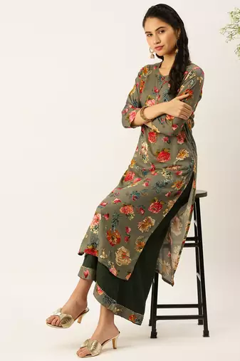 women's round neck solid olive straight kurta and palazzos