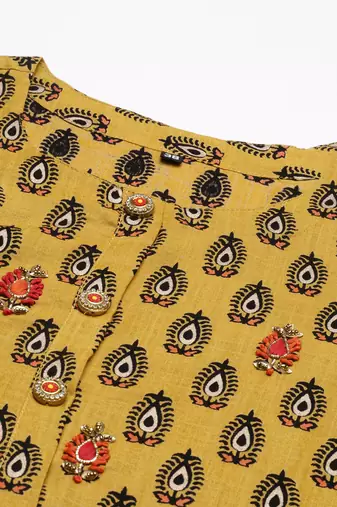 women's round neck ethnic motifs mustard straight kurta and palazzos with dupatta