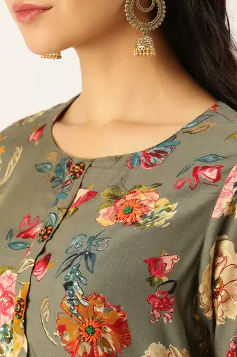 women's round neck solid olive straight kurta and palazzos