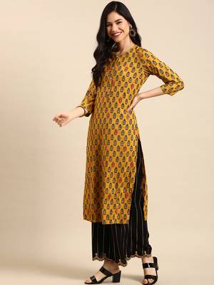 women's round neck ethnic motifs mustard straight kurta and palazzos with dupatta 3