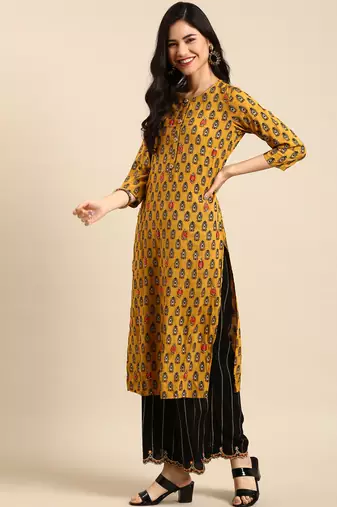 women's round neck ethnic motifs mustard straight kurta and palazzos with dupatta