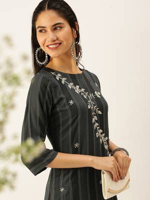 women's round neck striped grey straight kurta and trouser 1