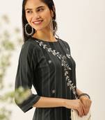 women's round neck striped grey straight kurta and trouser