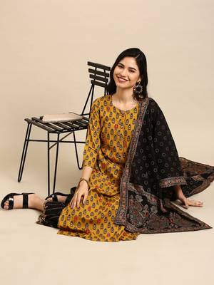 women's round neck ethnic motifs mustard straight kurta and palazzos with dupatta 4