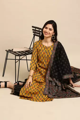 women's round neck ethnic motifs mustard straight kurta and palazzos with dupatta