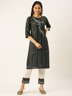 women's round neck striped grey straight kurta and trouser 2