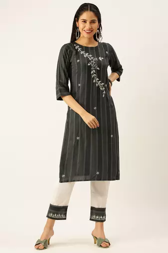 women's round neck striped grey straight kurta and trouser