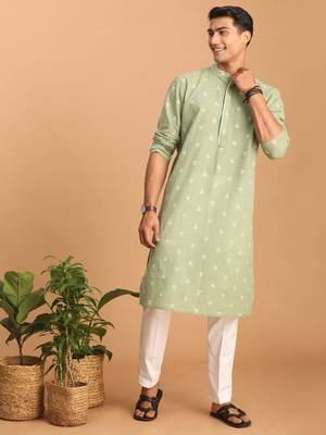 Men'S Green And White Cotton Kurta And Pyjama Set 1
