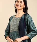 women's round neck floral foil print blue straight kurta and trouser with dupatta