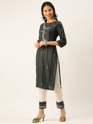 women's round neck striped grey straight kurta and trouser 3