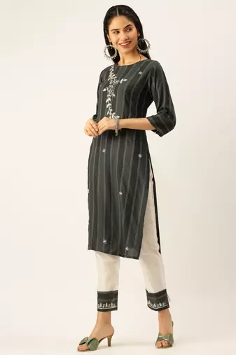 women's round neck striped grey straight kurta and trouser