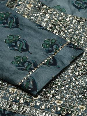 women's round neck floral foil print blue straight kurta and trouser with dupatta 2