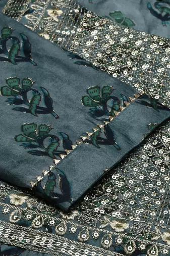 women's round neck floral foil print blue straight kurta and trouser with dupatta