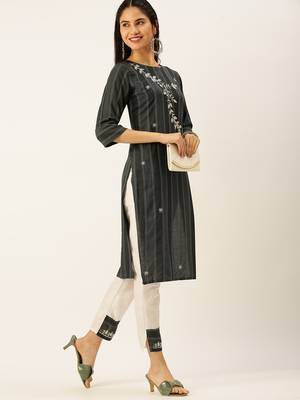women's round neck striped grey straight kurta and trouser 4