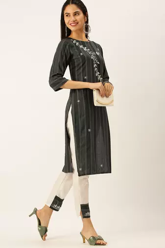 women's round neck striped grey straight kurta and trouser