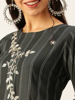 women's round neck striped grey straight kurta and trouser 5