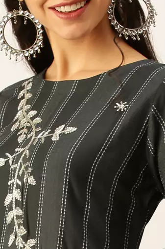 women's round neck striped grey straight kurta and trouser