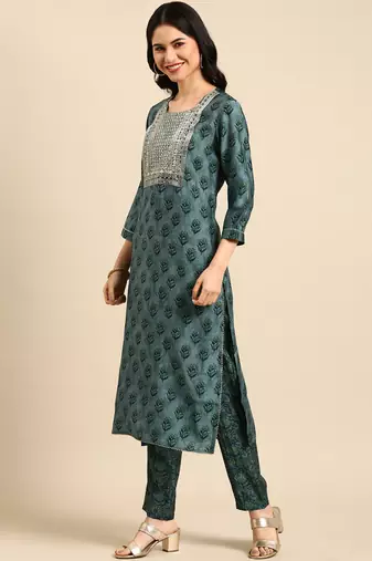 women's round neck floral foil print blue straight kurta and trouser with dupatta