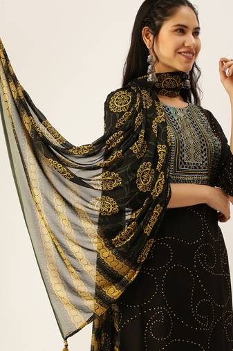 women's round neck geometric black straight kurta and trouser with dupatta