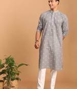 Grey And White Cotton Kurta And Pyjama Set