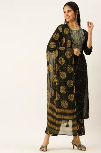 women's round neck geometric black straight kurta and trouser with dupatta