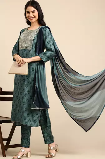 women's round neck floral foil print blue straight kurta and trouser with dupatta