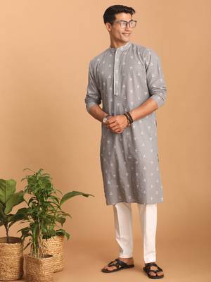 Grey And White Cotton Kurta And Pyjama Set 2
