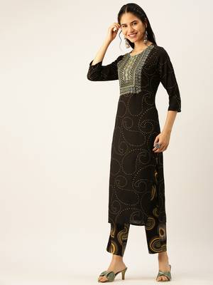 women's round neck geometric black straight kurta and trouser with dupatta 3