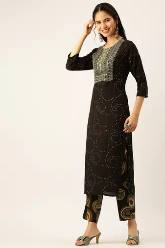 women's round neck geometric black straight kurta and trouser with dupatta