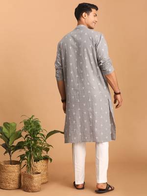 Grey And White Cotton Kurta And Pyjama Set 3