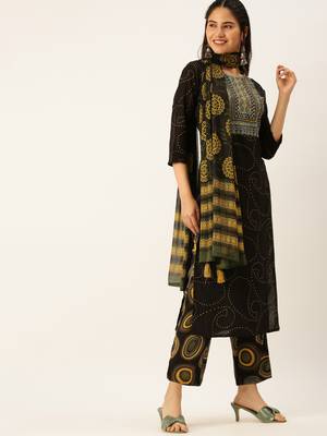 women's round neck geometric black straight kurta and trouser with dupatta 4