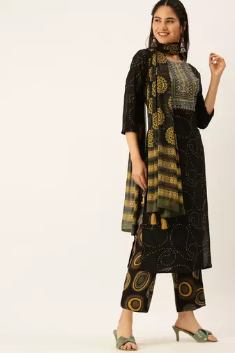 women's round neck geometric black straight kurta and trouser with dupatta