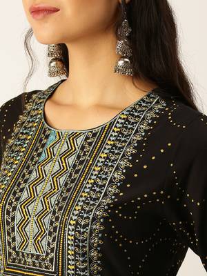women's round neck geometric black straight kurta and trouser with dupatta 5
