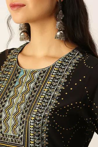 women's round neck geometric black straight kurta and trouser with dupatta