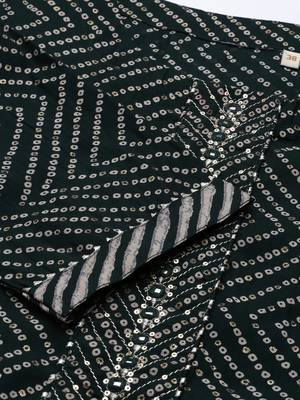 women's round neck bandhani foil print green straight kurta and trouser 2